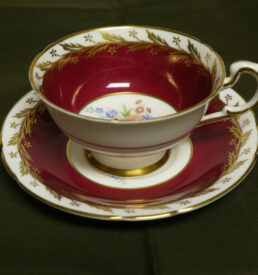 paragon tea cup, burgundy tea cup, gold tea cup, tea cup and saucer